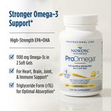 Nordic Naturals ProOmega - etiqueta que destaca pureza y ausencia de transgénicos (OGM).