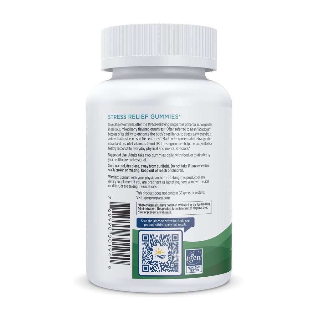 Producto apto para vegetarianos: Nordic Naturals Stress Relief Gummies, sin OGM, gluten ni lácteos