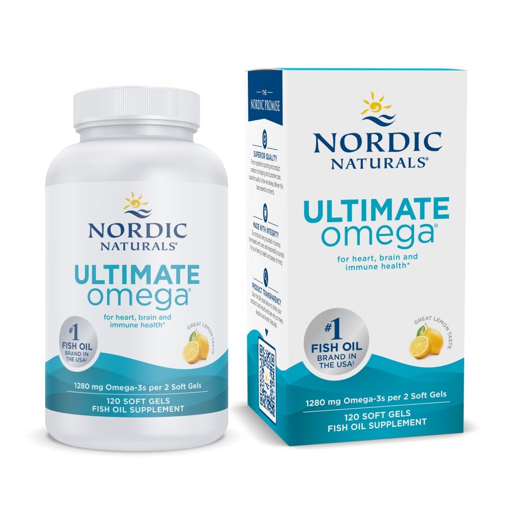 Nordic Naturals Ultimate Omega, bote de cápsulas limón, facilita la ingesta diaria para la salud del corazón.