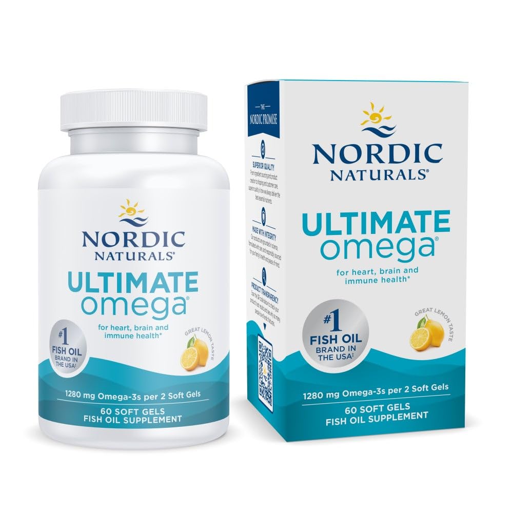 Nordic Naturals Ultimate Omega con sabor a limón, botella en primer plano para uso diario saludable.