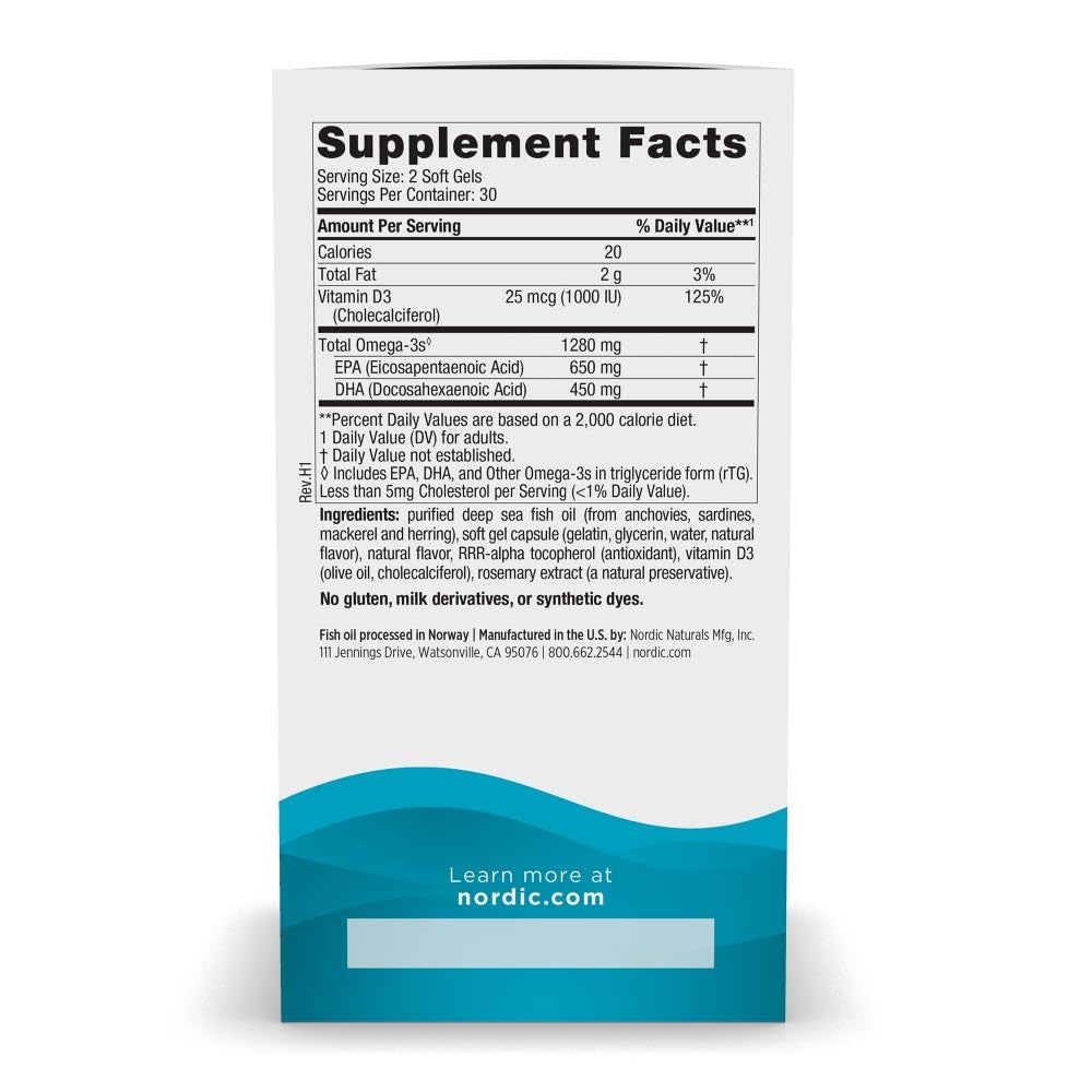 Nordic Naturals Ultimate Omega-D3, frasco de cápsulas para la salud cerebral