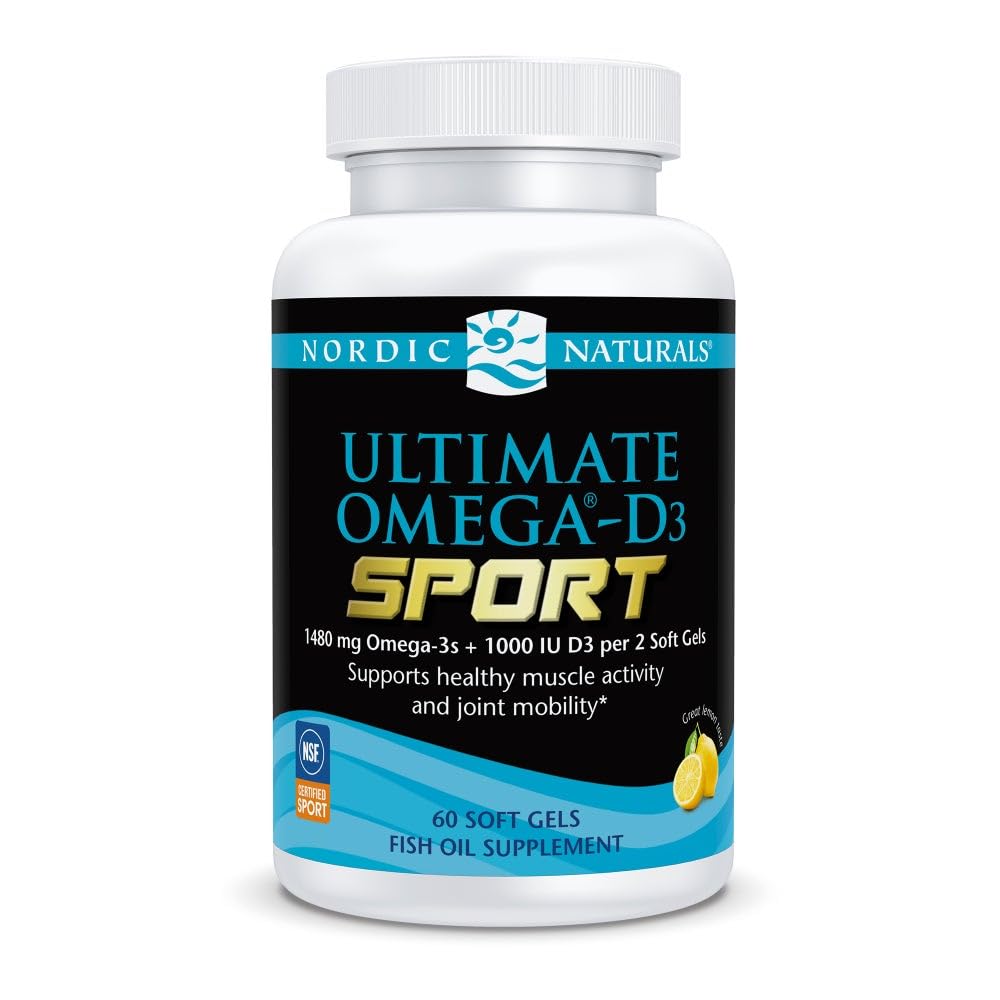 Nordic Naturals Ultimate Omega-D3 Sport: botella limón, ideal para apoyar articulaciones y concentración.