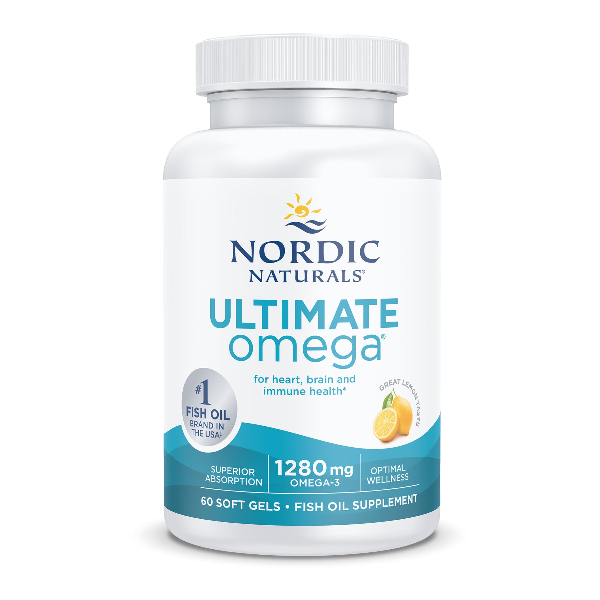 Nordic Naturals Ultimate Omega, botella visible, cápsulas de limón para uso diario.
