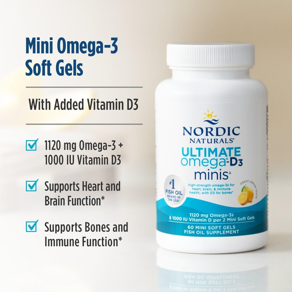 Parte trasera de la botella Nordic Naturals Ultimate Omega Mini D3, información de ingredientes