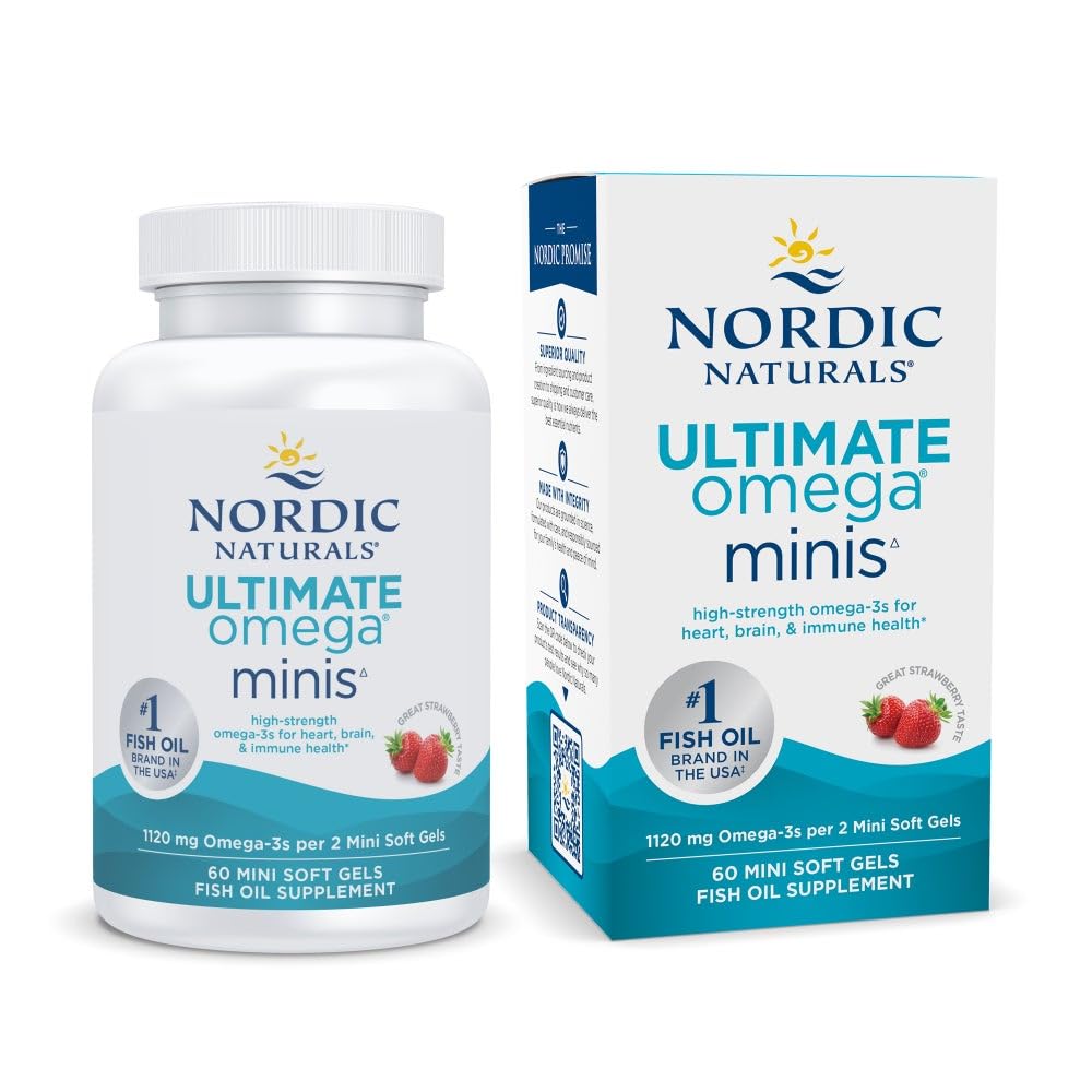 Nordic Naturals Ultimate Omega Minis, envase con sabor a fresa, fácil de tomar diariamente.