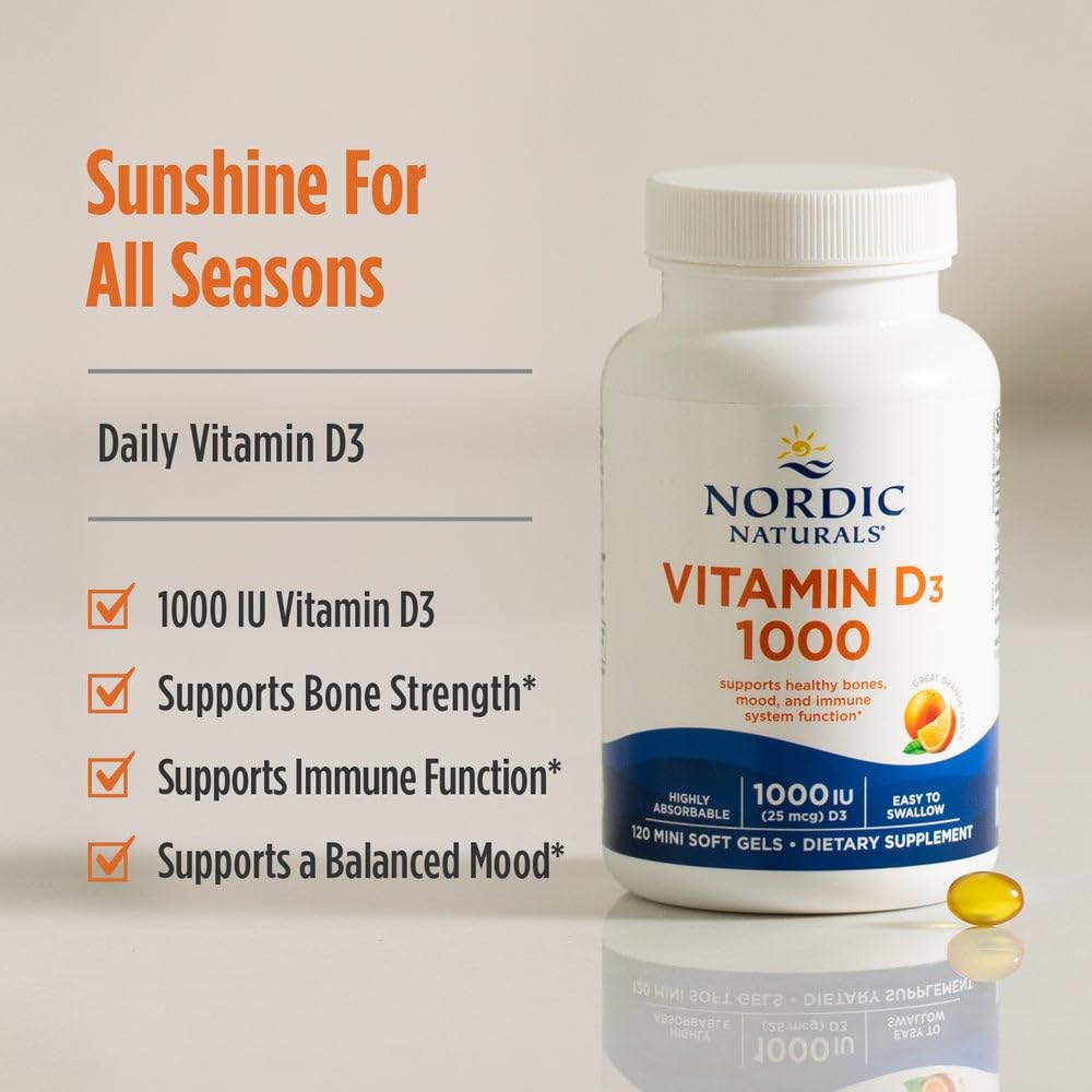 Nordic Naturals Vitamin D3 1000: etiqueta naranja en frasco, fácil de identificar, sin OGM