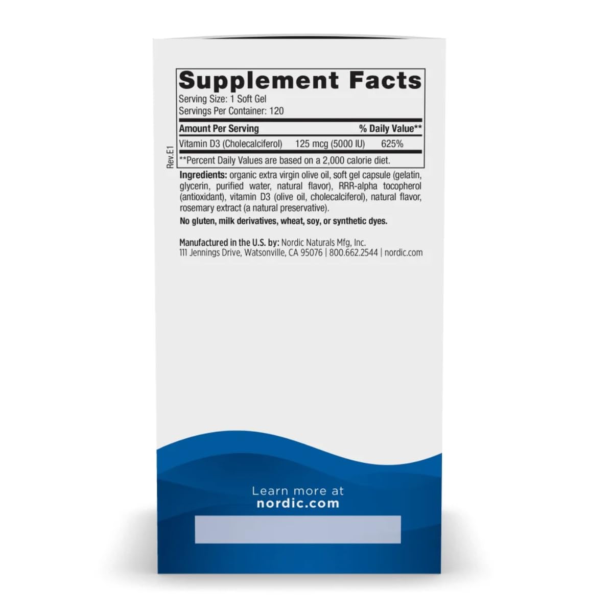 Nordic Naturals Vitamina D3 5000, etiqueta frontal, dosis diaria simple para apoyo continuo.