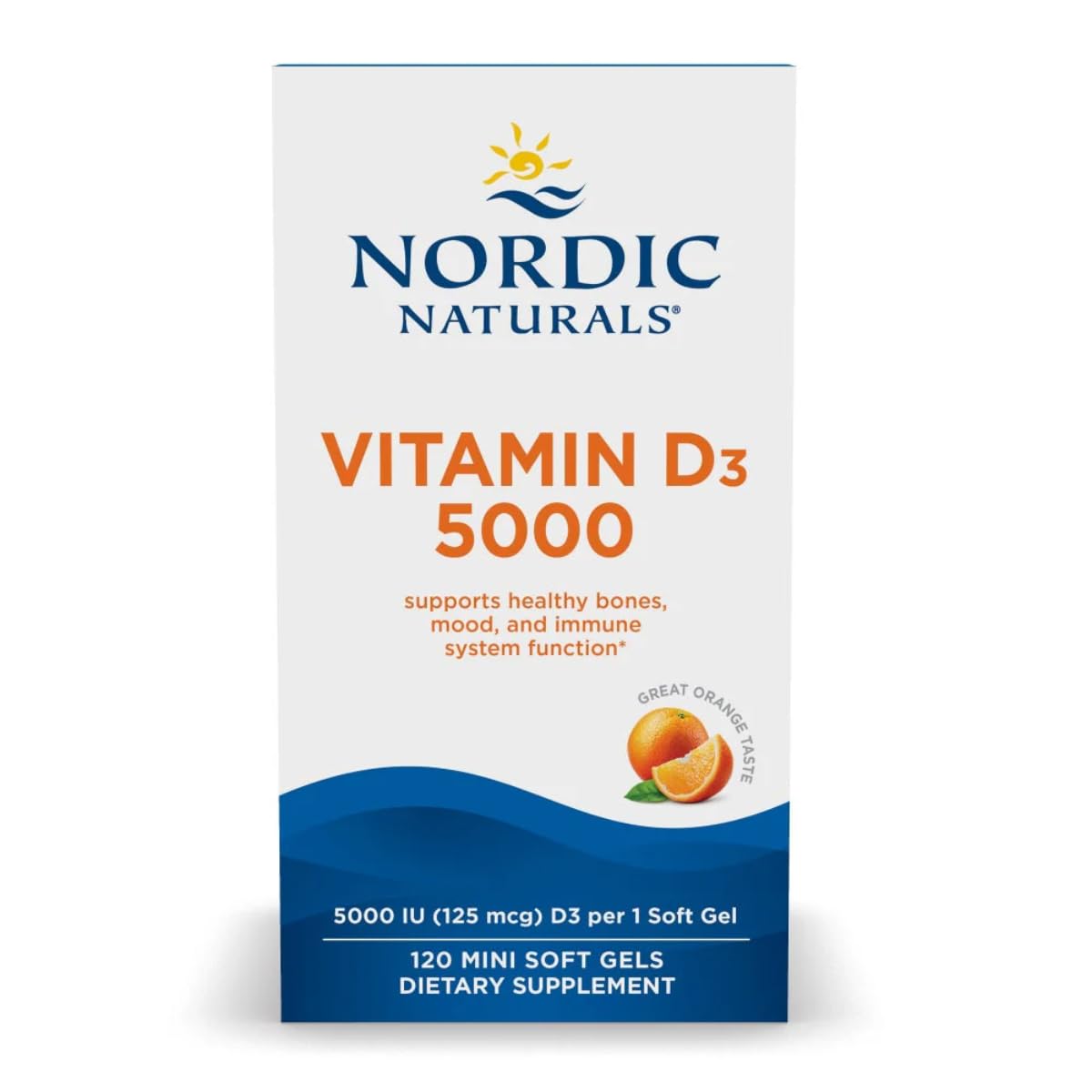 Nordic Naturals Vitamina D3 5000, frasco naranja, apoya huesos fuertes y bienestar general.