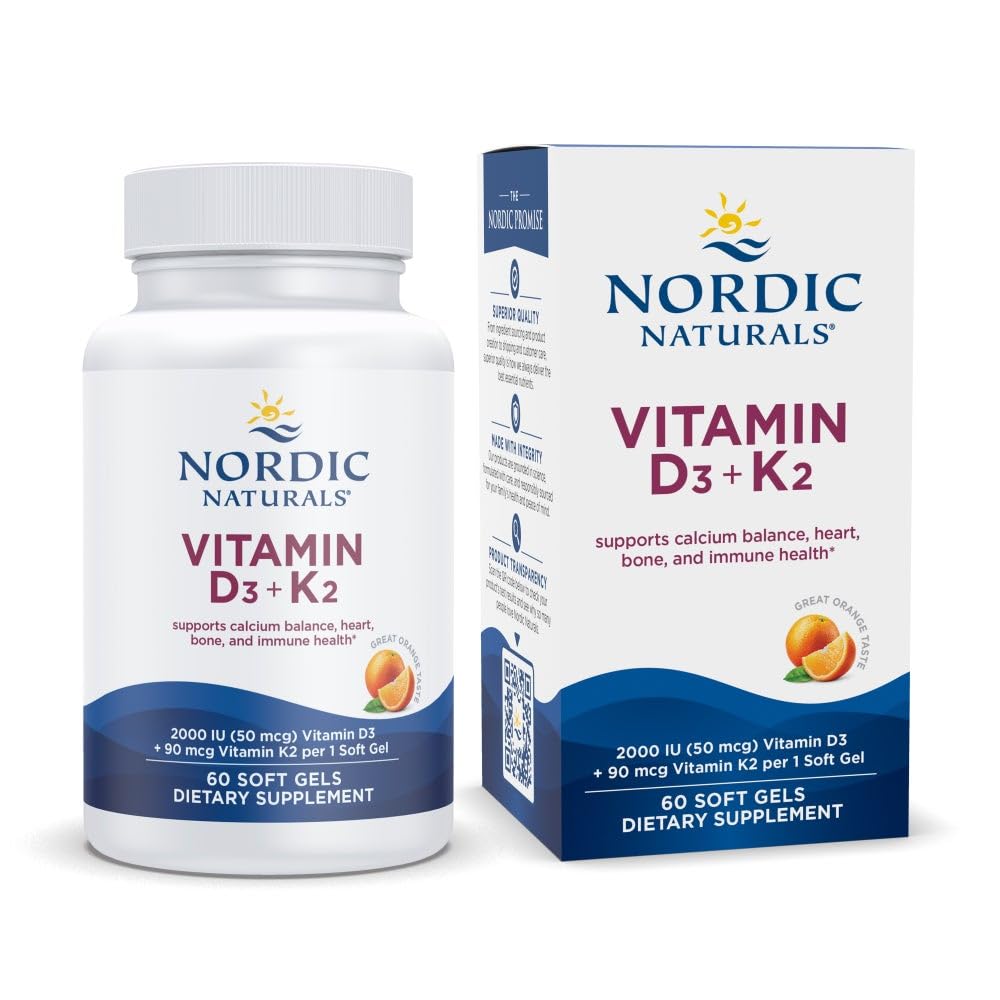 Nordic Naturals vitamina D3 y K2 naranja, botella visible para soporte óseo y equilibrio de calcio.
