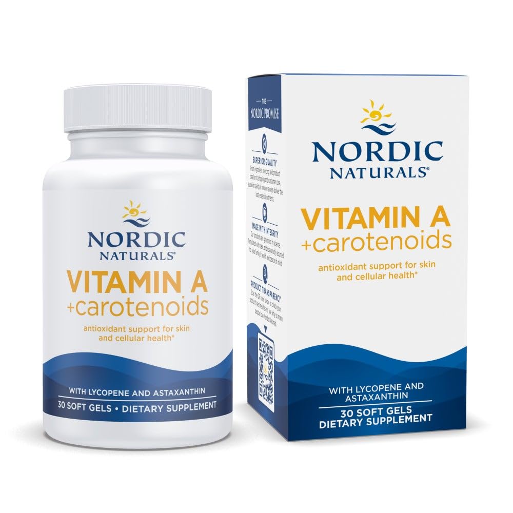 Nordic Naturals Vitamina A Carotenoides frasco: apoyo antioxidante para piel y células.