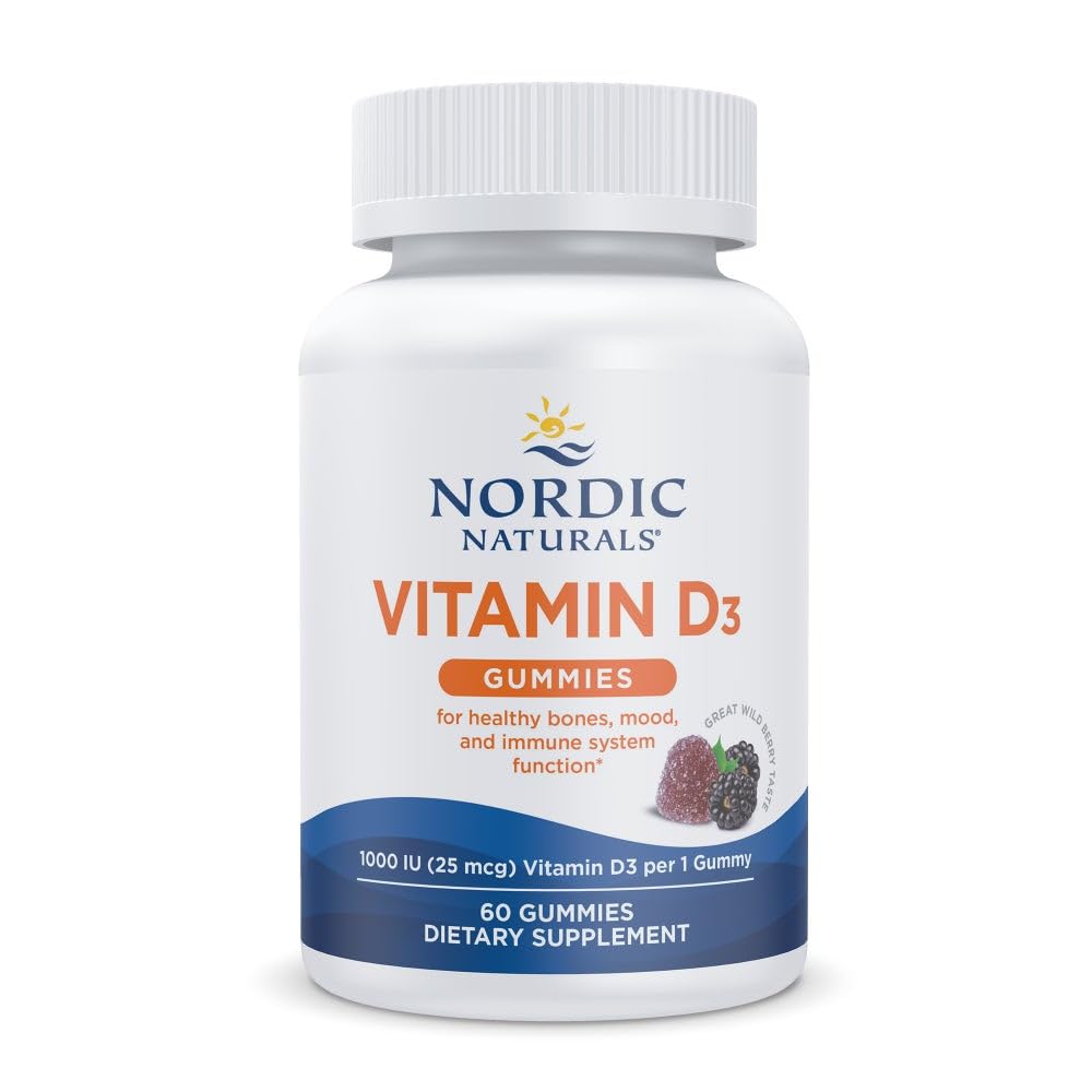 Nordic Naturals Vitamin D3 Gomitas, sabor baya salvaje, opción diaria conveniente para dosis de D3.
