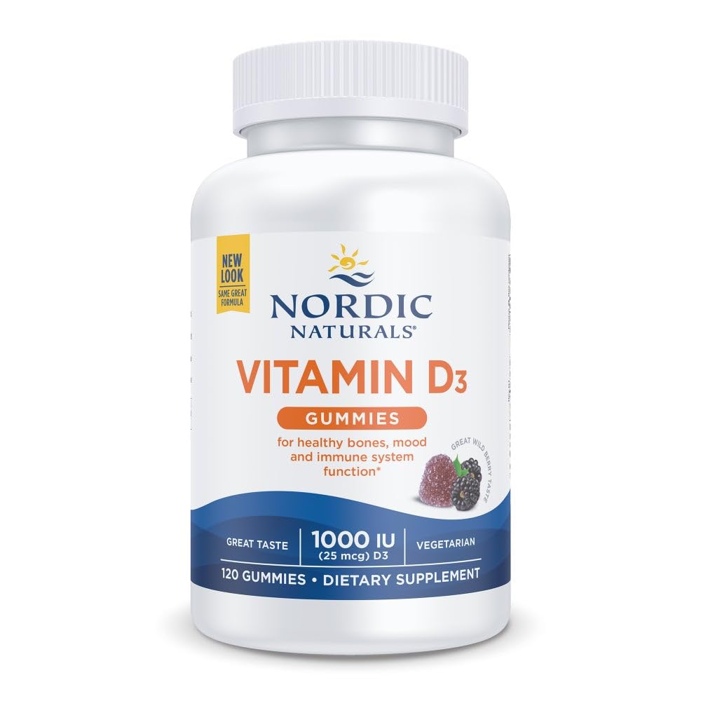 Gomitas Nordic Naturals D3 arándano salvaje en botella para huesos saludables.