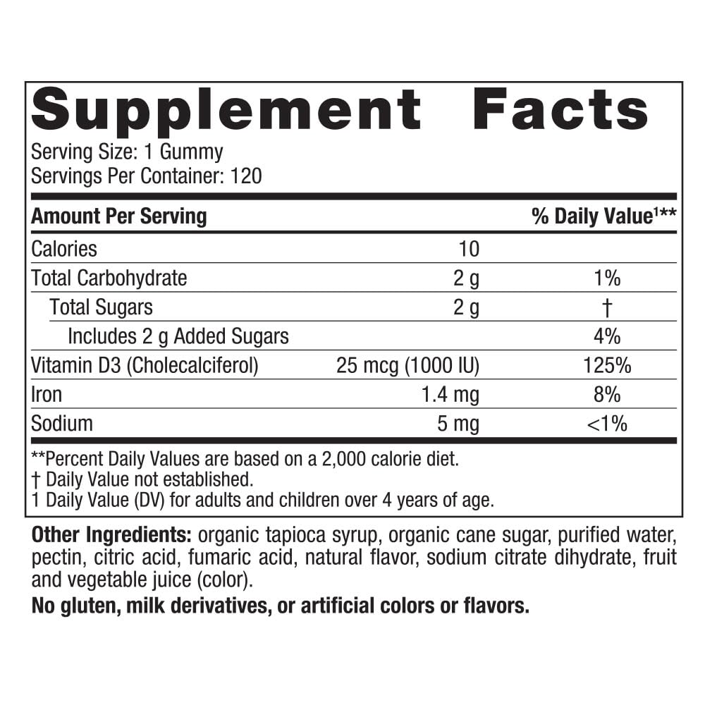 Gomitas D3 de Nordic Naturals, textura masticable y dosis diaria.