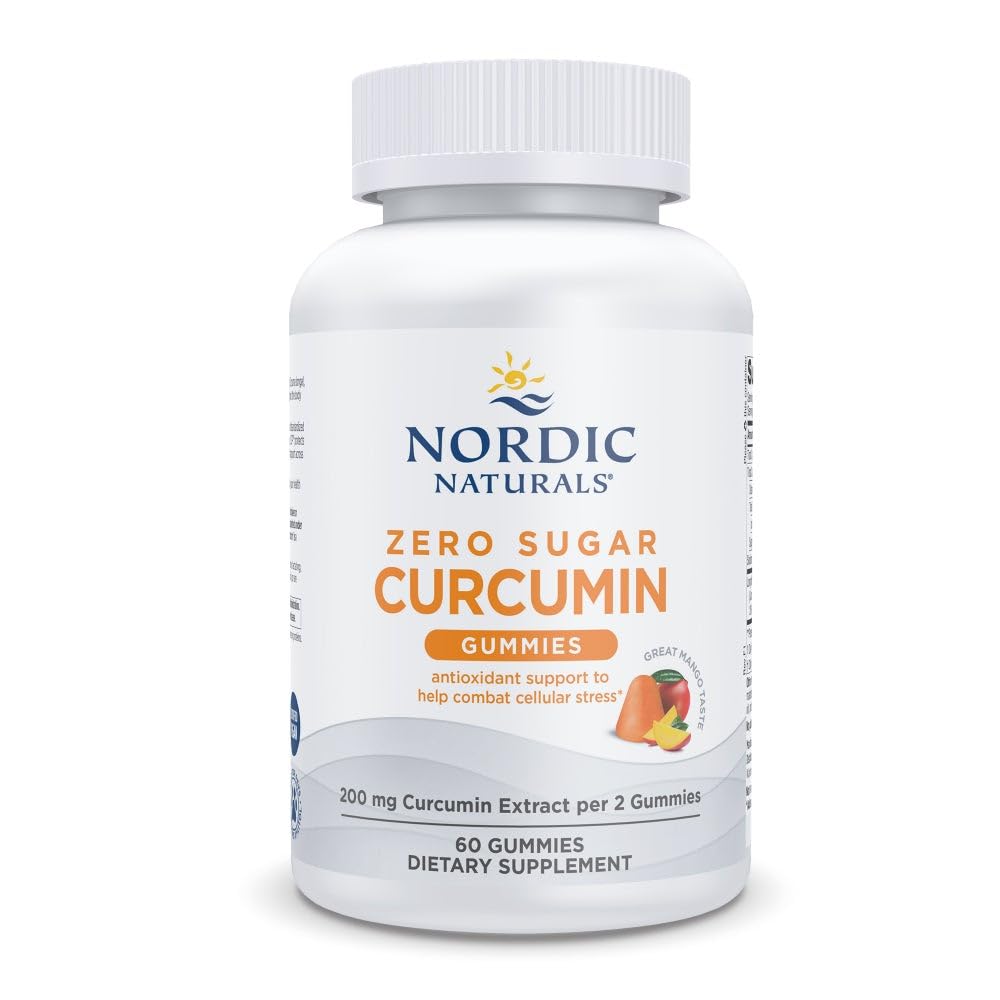 Gomitas Nordic Naturals Zero Sugar Curcumin Gummies Mango en bote, snack saludable.