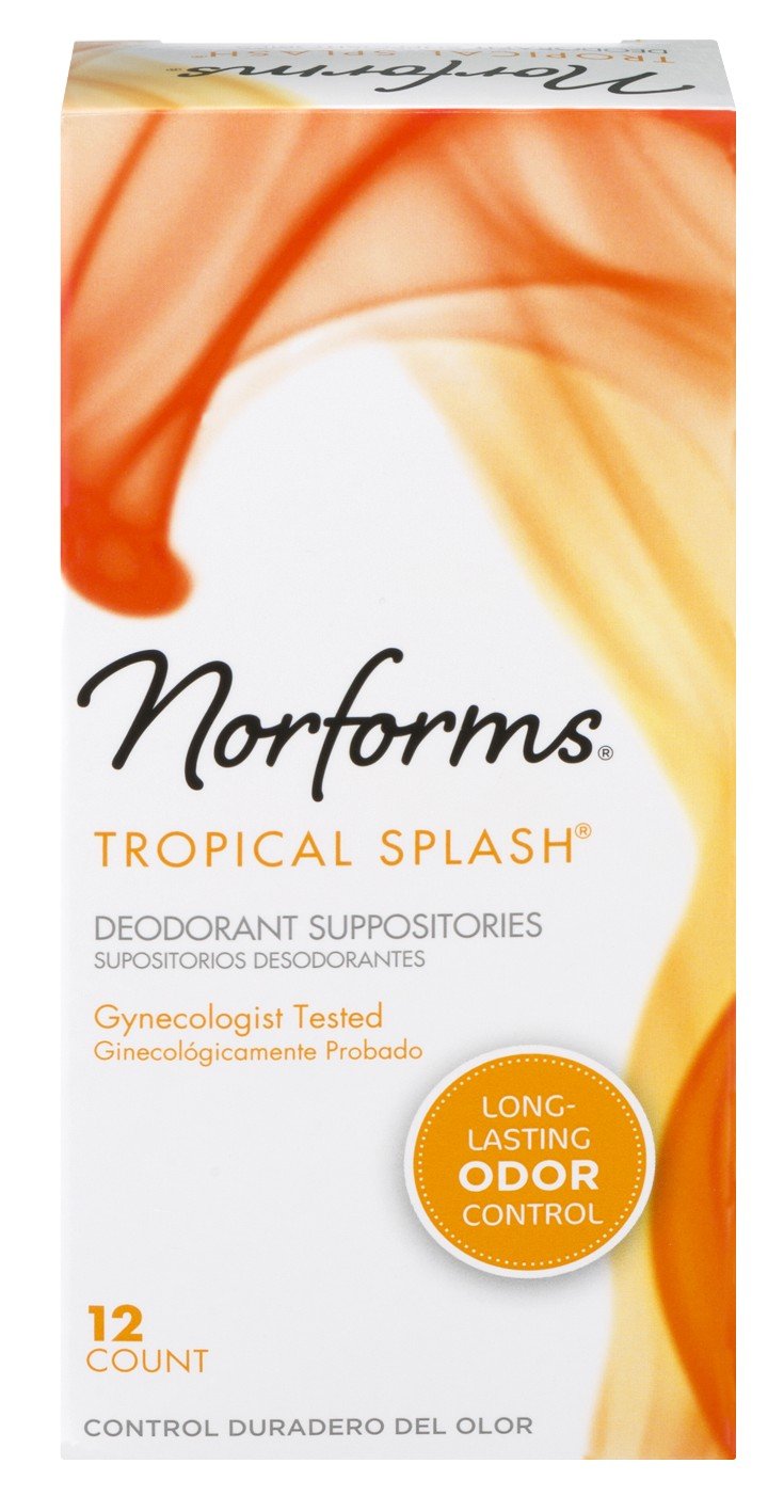 Norforms Supositorios Tropical Splash, empaque de dos paquetes, para control de olor interior y frescura diaria.