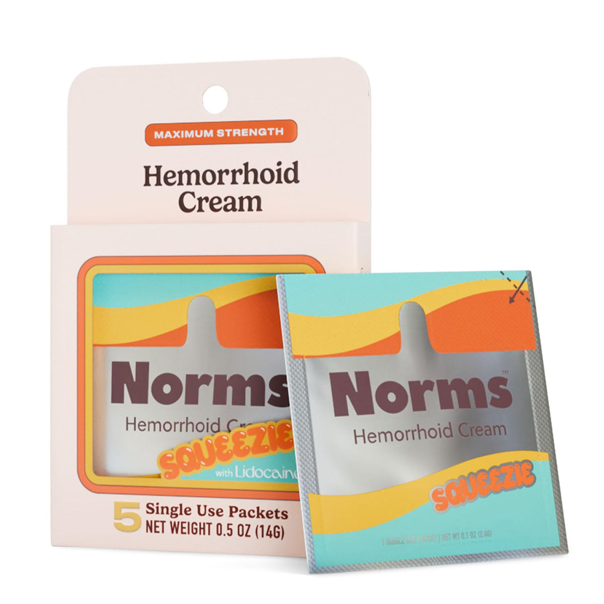 Norms Squeezies: paquete individual de crema hemorroidal para alivio rápido.