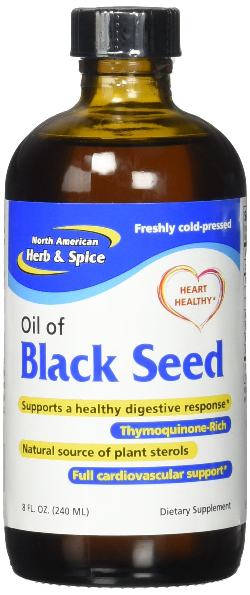 North American Herb & Spice aceite de Nigella sativa en frasco con etiqueta clara
