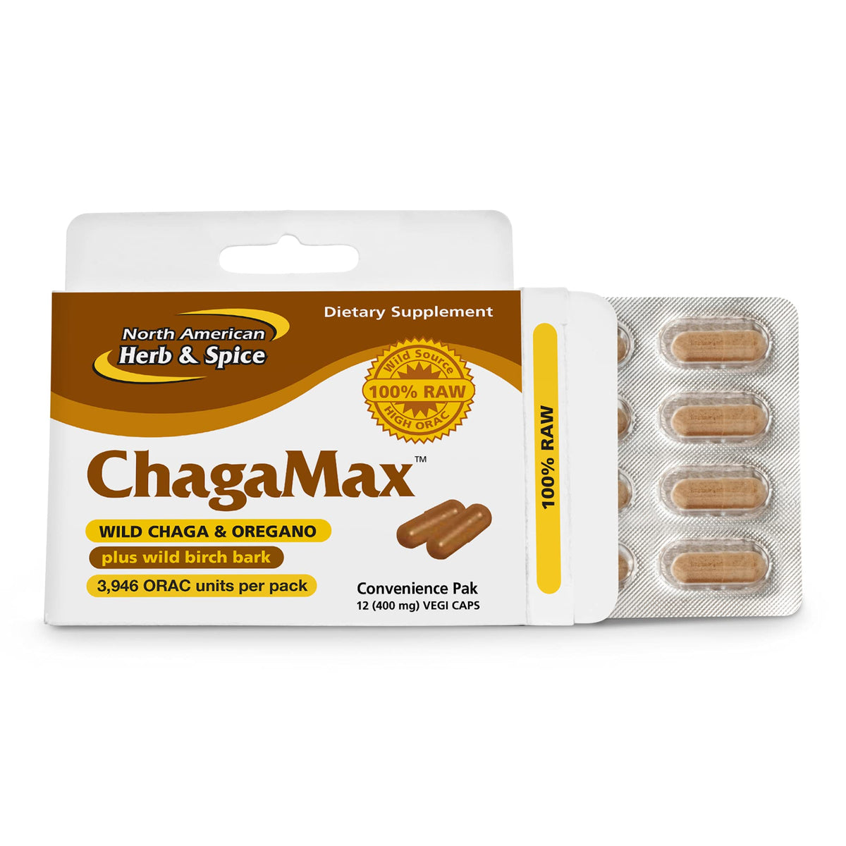 ChagaMax: etiqueta frontal de la botella, energía natural diaria
