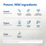 Etiqueta frontal de Turmeric Power-Plus, cúrcuma de alimento entero con aceites esenciales.