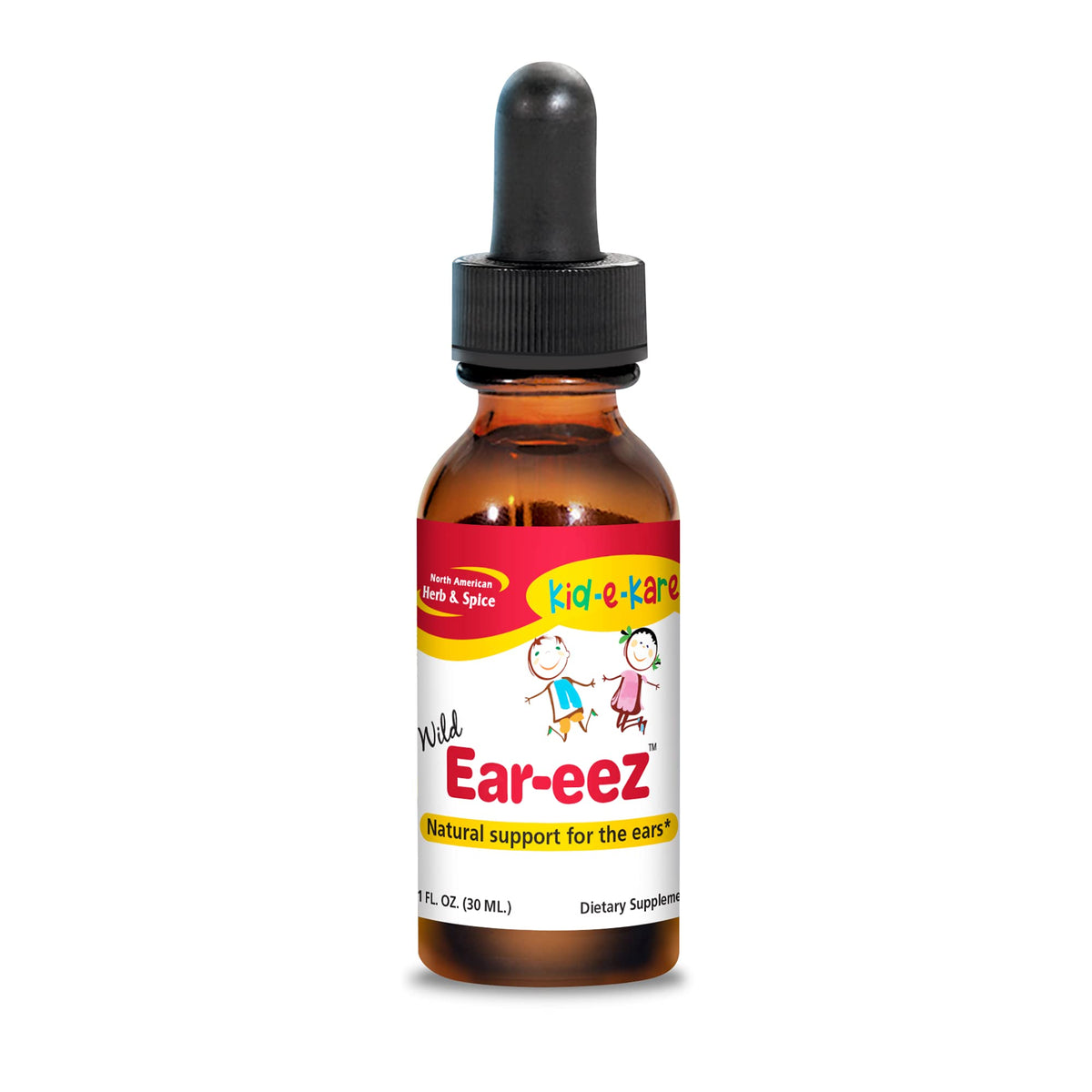 Ear-eeZ de NORTH AMERICAN HERB & SPICE, botella frontal, fórmula natural para oídos de niños.