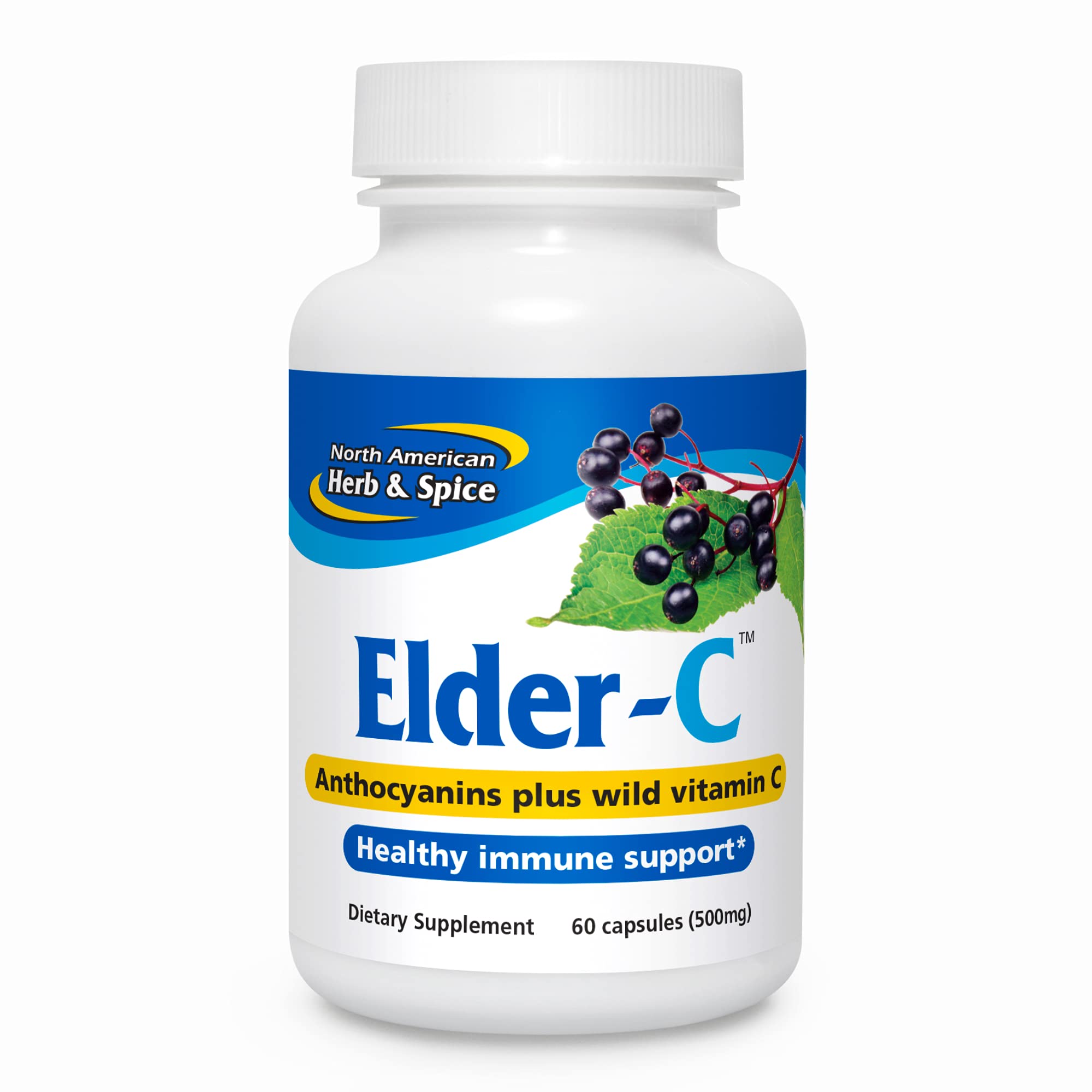 NORTH AMERICAN HERB & SPICE Elder-C, botella con cápsulas y antioxidantes.