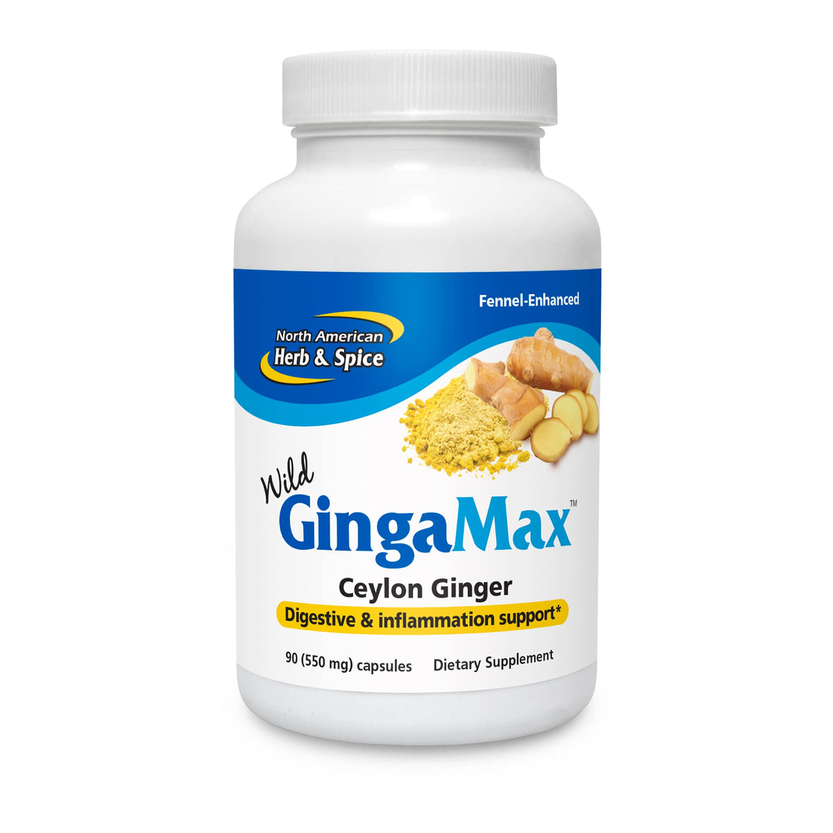 GingaMax de North American Herb & Spice, botella de 90 cápsulas para uso diario.