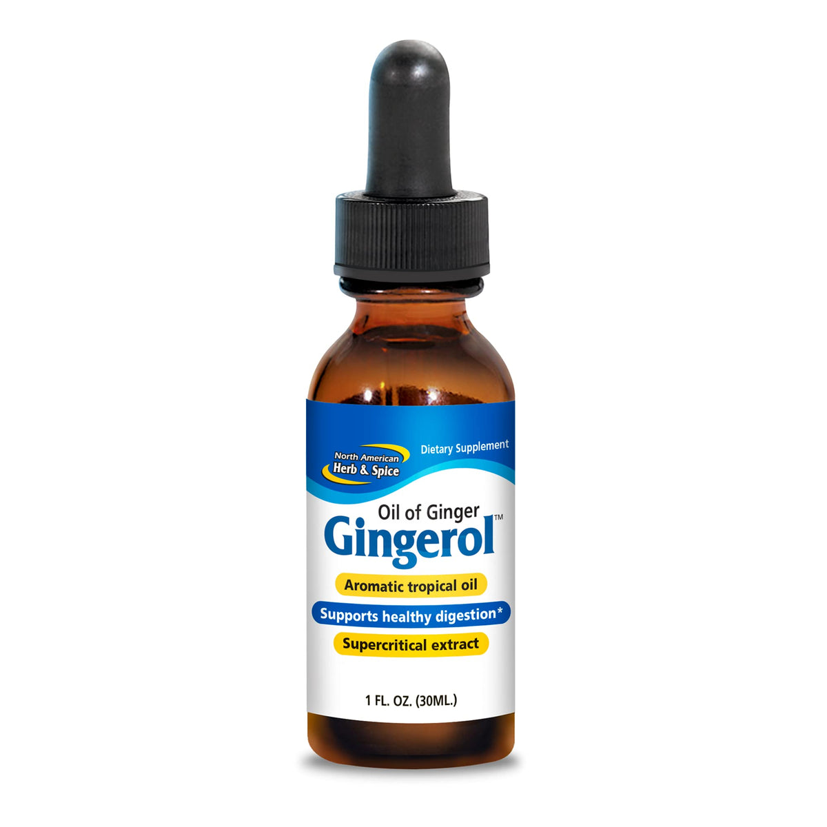 Gingerol de North American Herb & Spice en botella, aceite de jengibre frío para digestión.
