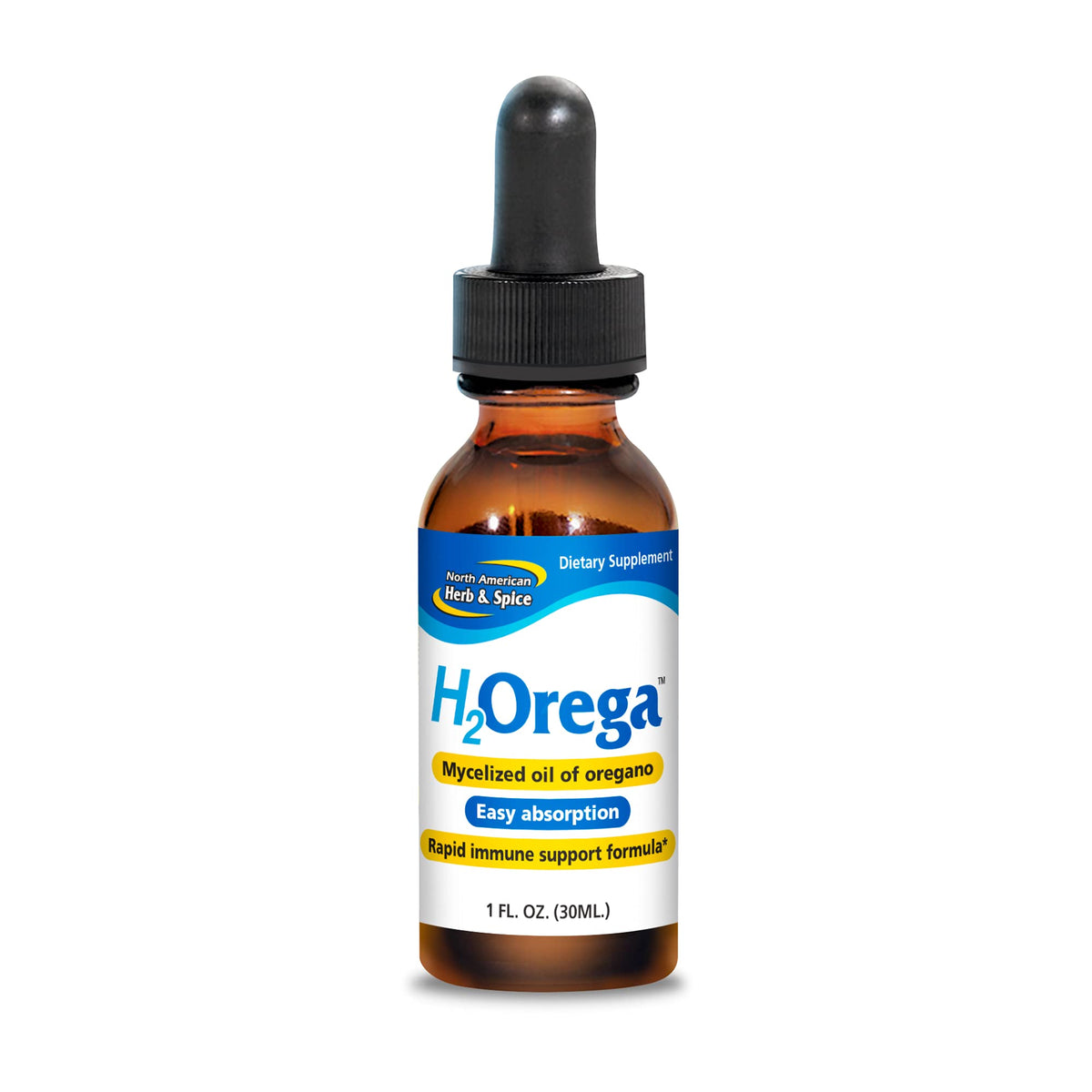 H2Orega de North American Herb & Spice: botella de aceite micelizado de orégano, disolución rápida.