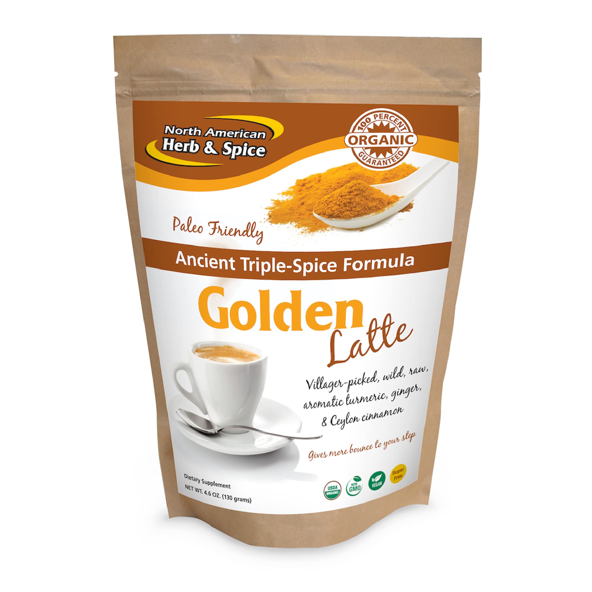 North American Herb & Spice: latte dorado en taza, sabor cálido y reconfortante.