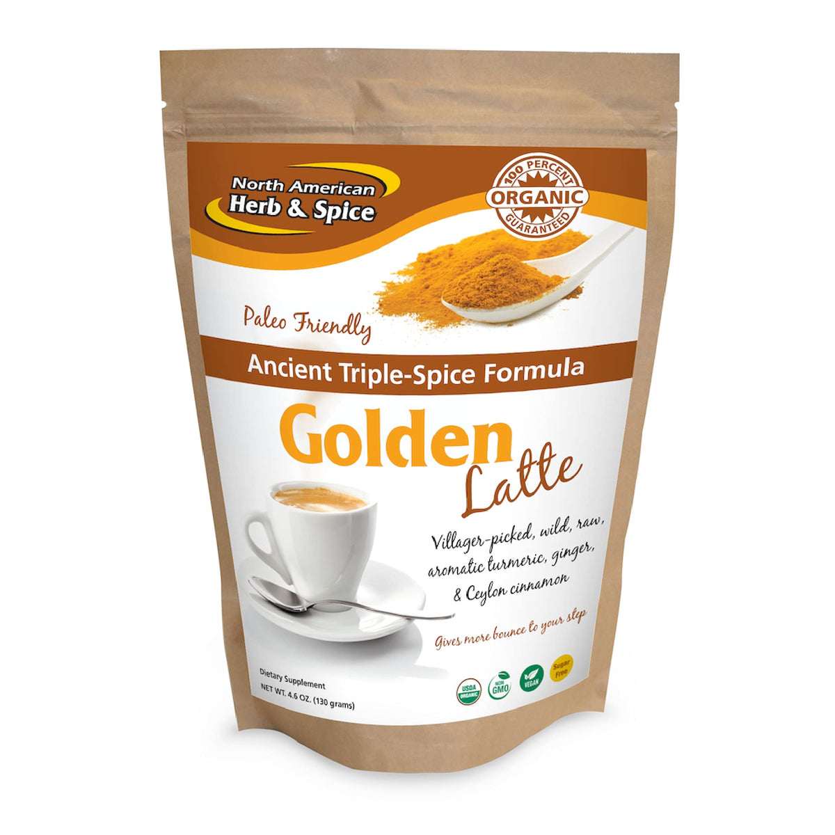 North American Herb & Spice: latte dorado en taza, sabor cálido y reconfortante.