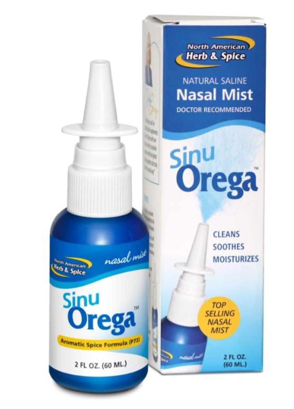 aerosol nasal North American Herb & Spice Sinusorega, frasco de 2 onzas, aroma de hierbas para uso diario.