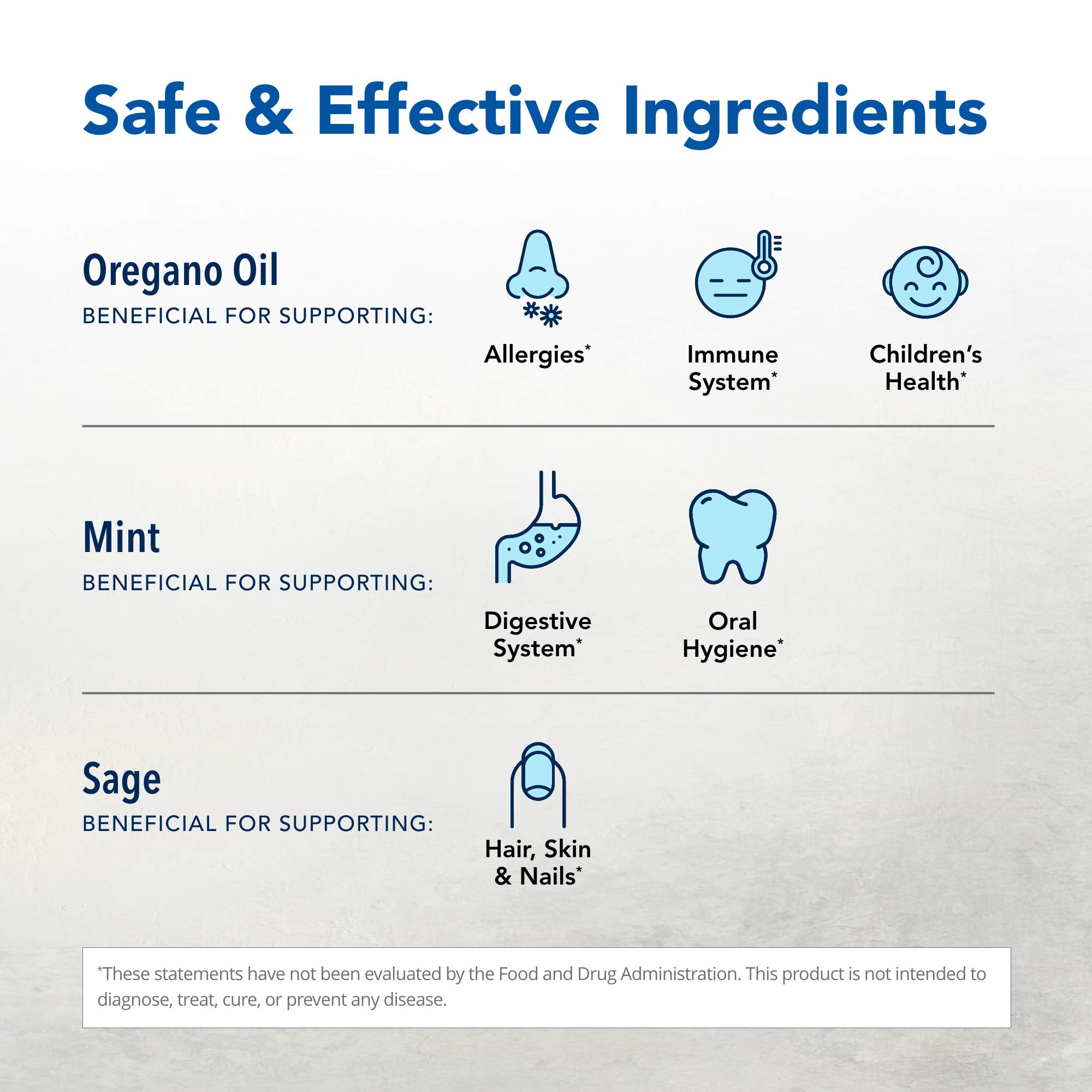 Etiqueta de ingredientes de OregaFresh, lista de hierbas para cuidado bucal.
