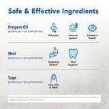 Etiqueta de ingredientes de OregaFresh, lista de hierbas para cuidado bucal.