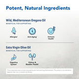 NORTH AMERICAN HERB & SPICE Oreganol, ingredientes crudos de orégano y oliva extra virgen.