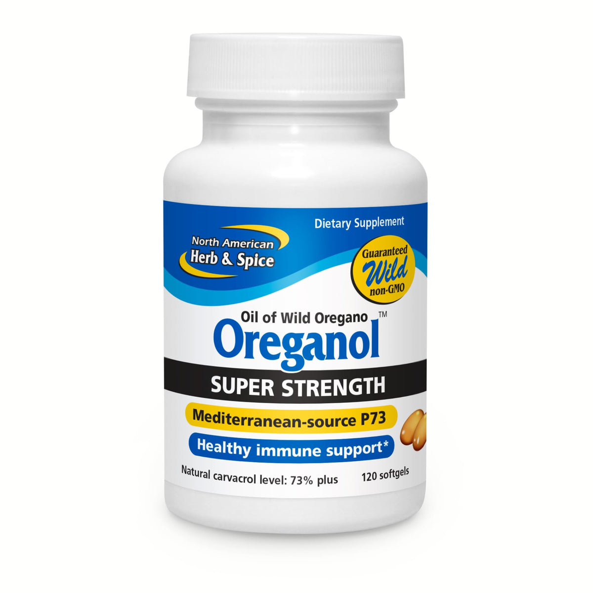 Botella de Oreganol P73 de NORTH AMERICAN HERB & SPICE, aceite de orégano salvaje para uso diario.