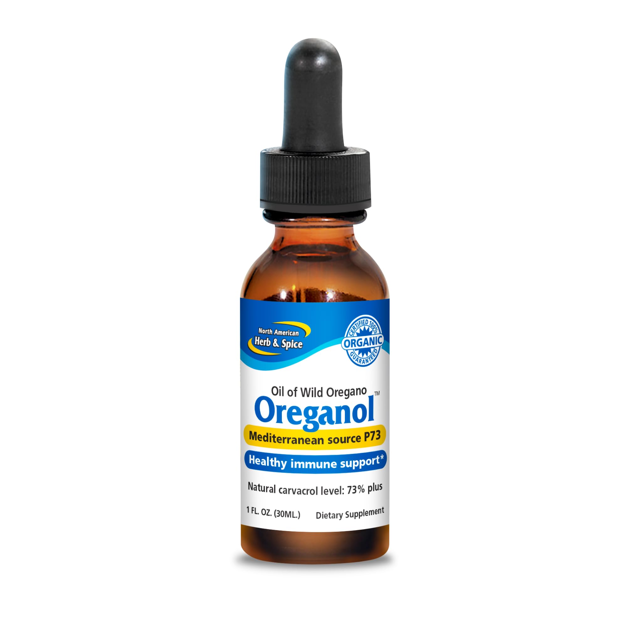 Oreganol P73 de NORTH AMERICAN HERB & SPICE, botella de aceite de orégano salvaje para uso diario.