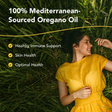 Oreganol P73 frasco con etiqueta que destaca origen mediterráneo.