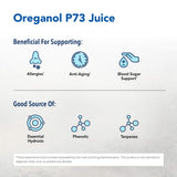 Etiqueta de Oreganol P73 con ingredientes naturales y no transgénicos.