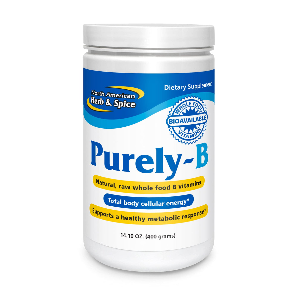 Purely-B de North American Herb & Spice, botella en la encimera para energía natural.
