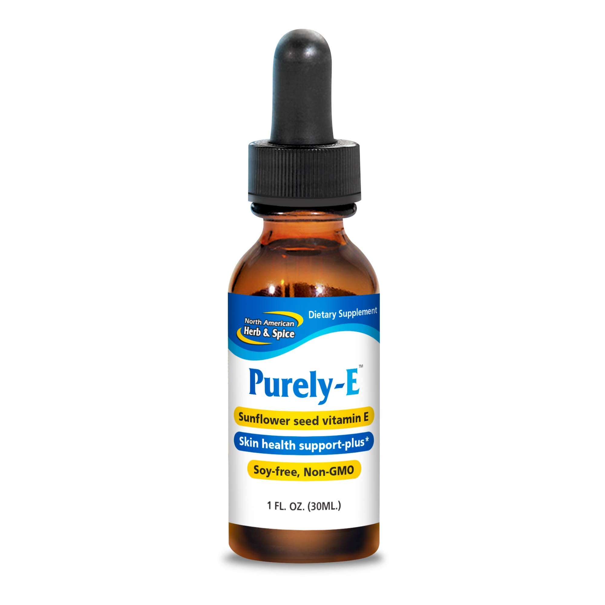 Purely-E de NORTH AMERICAN HERB & SPICE, botella derramando, antioxidante suave para la piel.