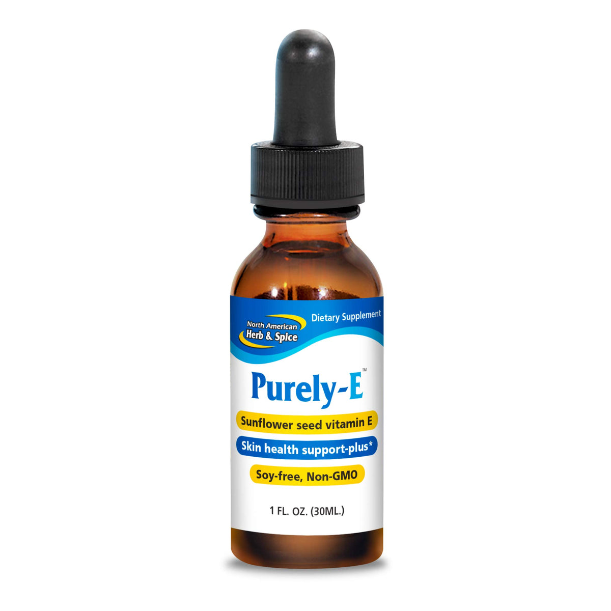 Purely-E de NORTH AMERICAN HERB & SPICE, botella derramando, antioxidante suave para la piel.