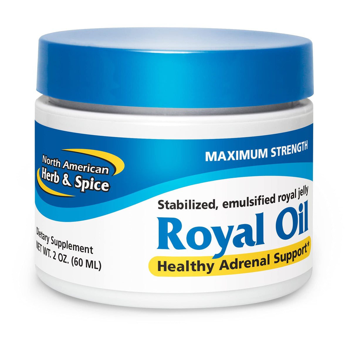 NORTH AMERICAN HERB & SPICE Royal Oil, primer plano frasco, apoyo al bienestar diario.