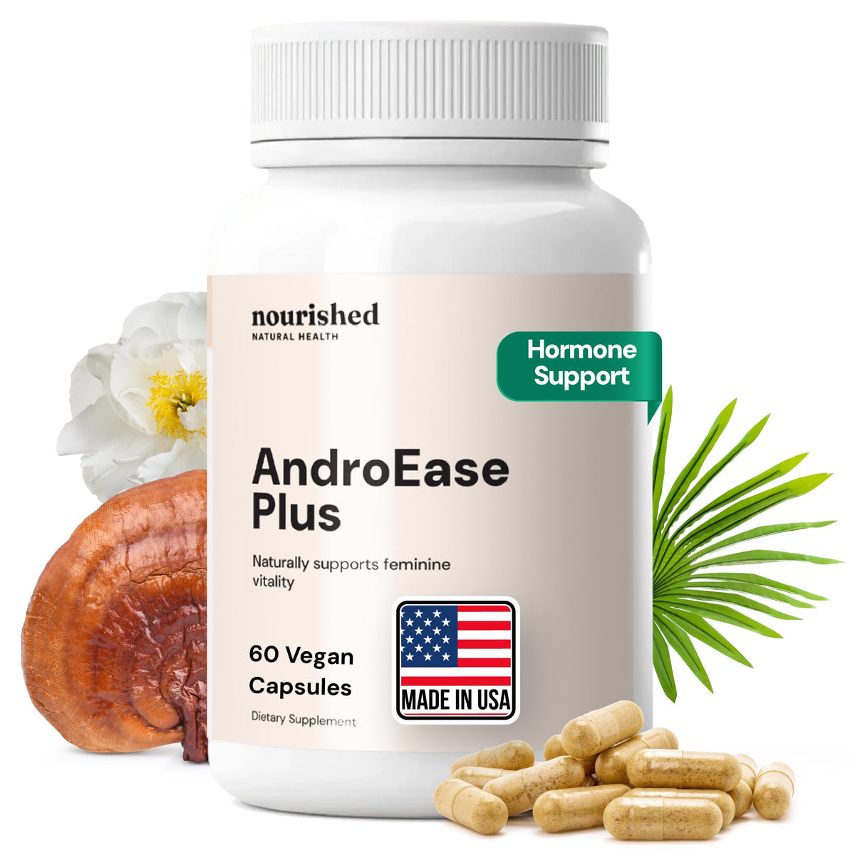 Nourished Natural Health AndroEase Plus, botella de cápsulas para equilibrio hormonal potencial.