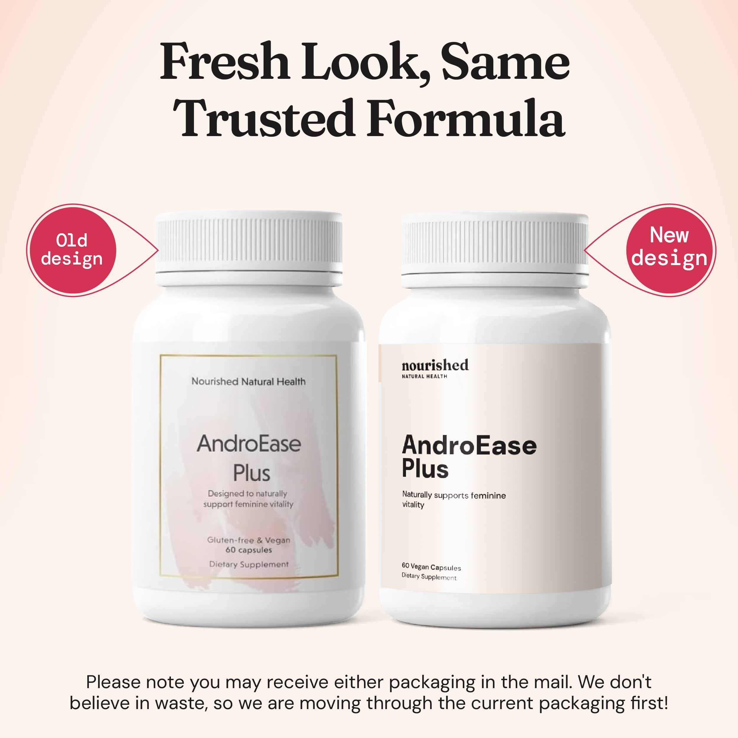 Nourished Natural Health AndroEase Plus, etiqueta frontal clara para conocer ingredientes.