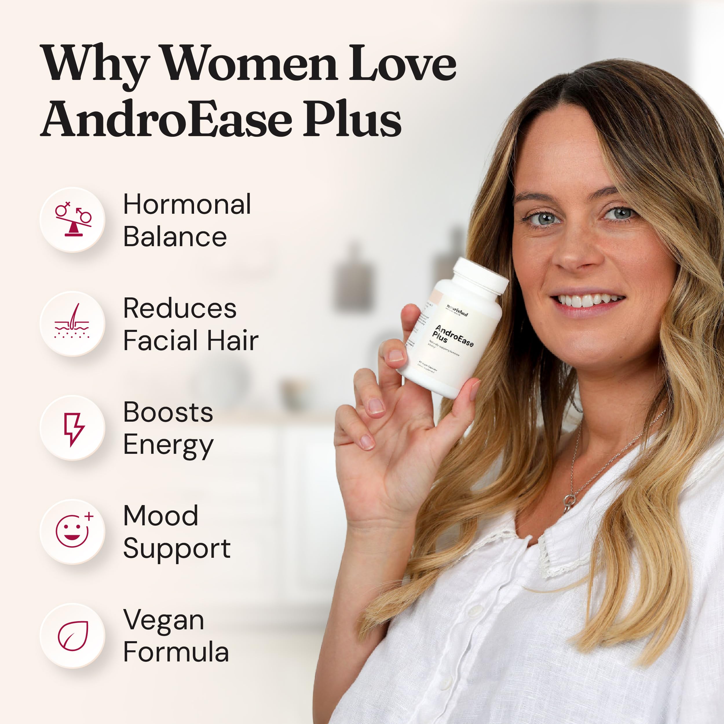 Nourished Natural Health AndroEase Plus, fabricación en EE. UU. con control de calidad.