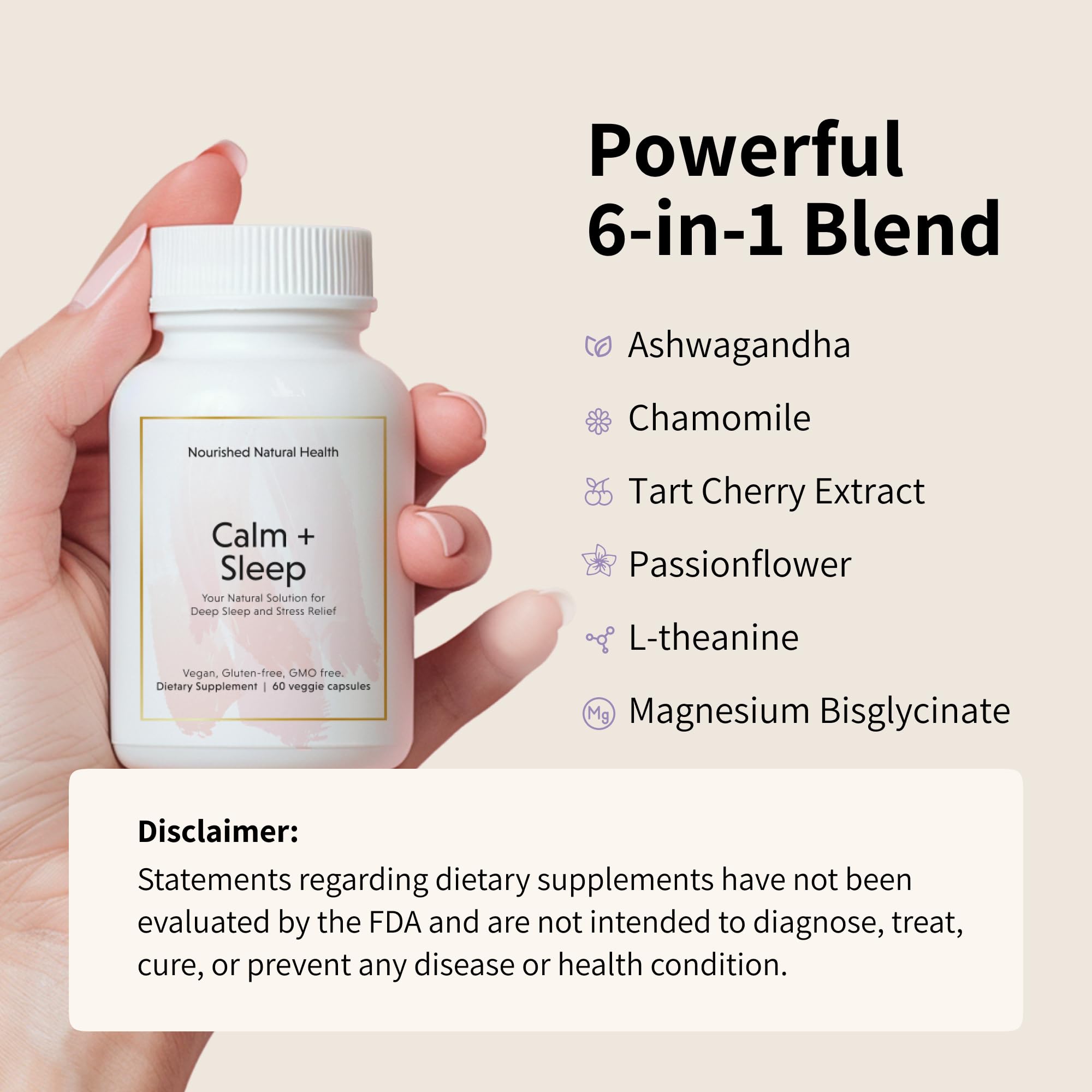Nourished Natural Health Calma y Sueño: cápsulas de magnesio bisglicinato para relajación