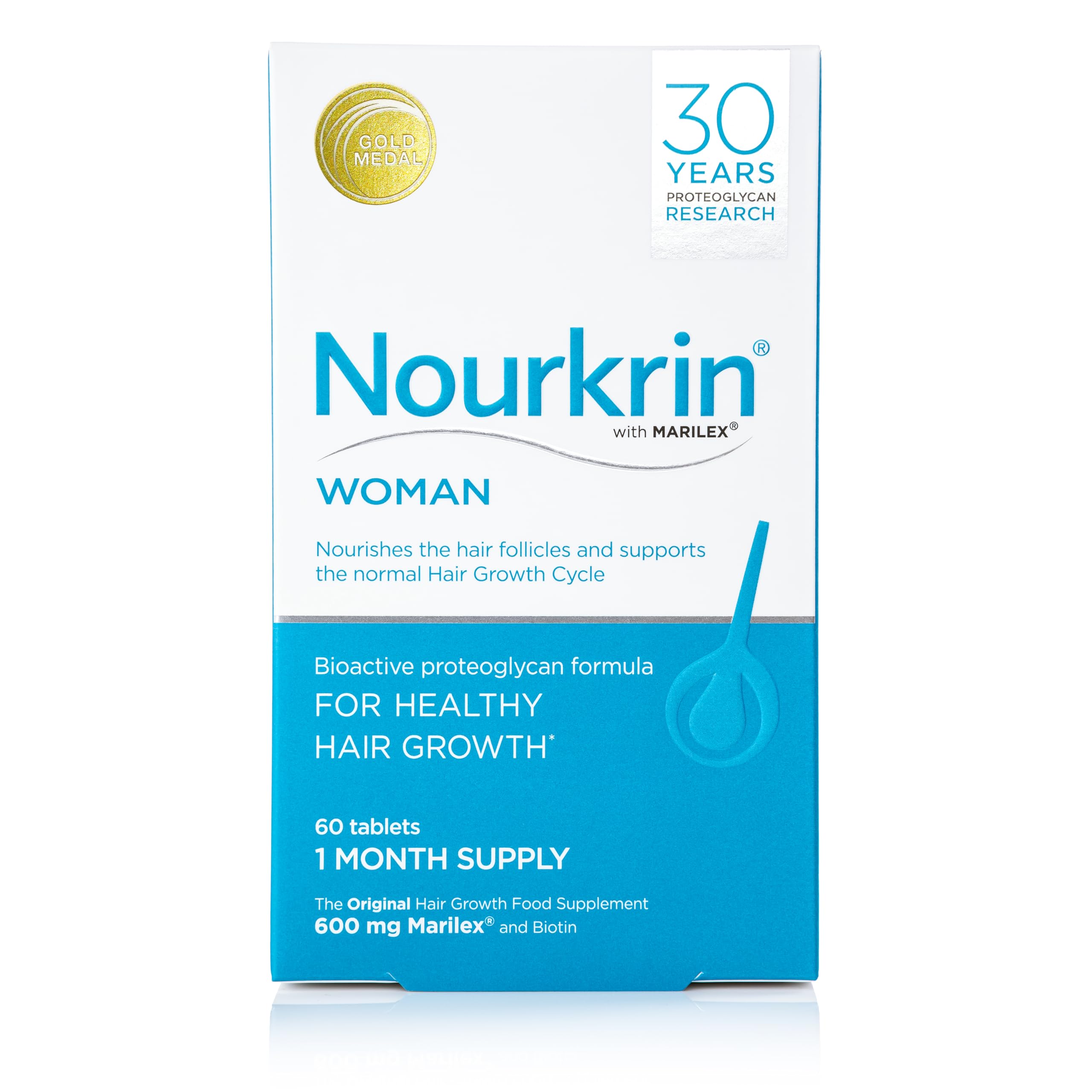 Nourkrin Woman con Marilex en botella, apoyo al ciclo normal de crecimiento capilar.