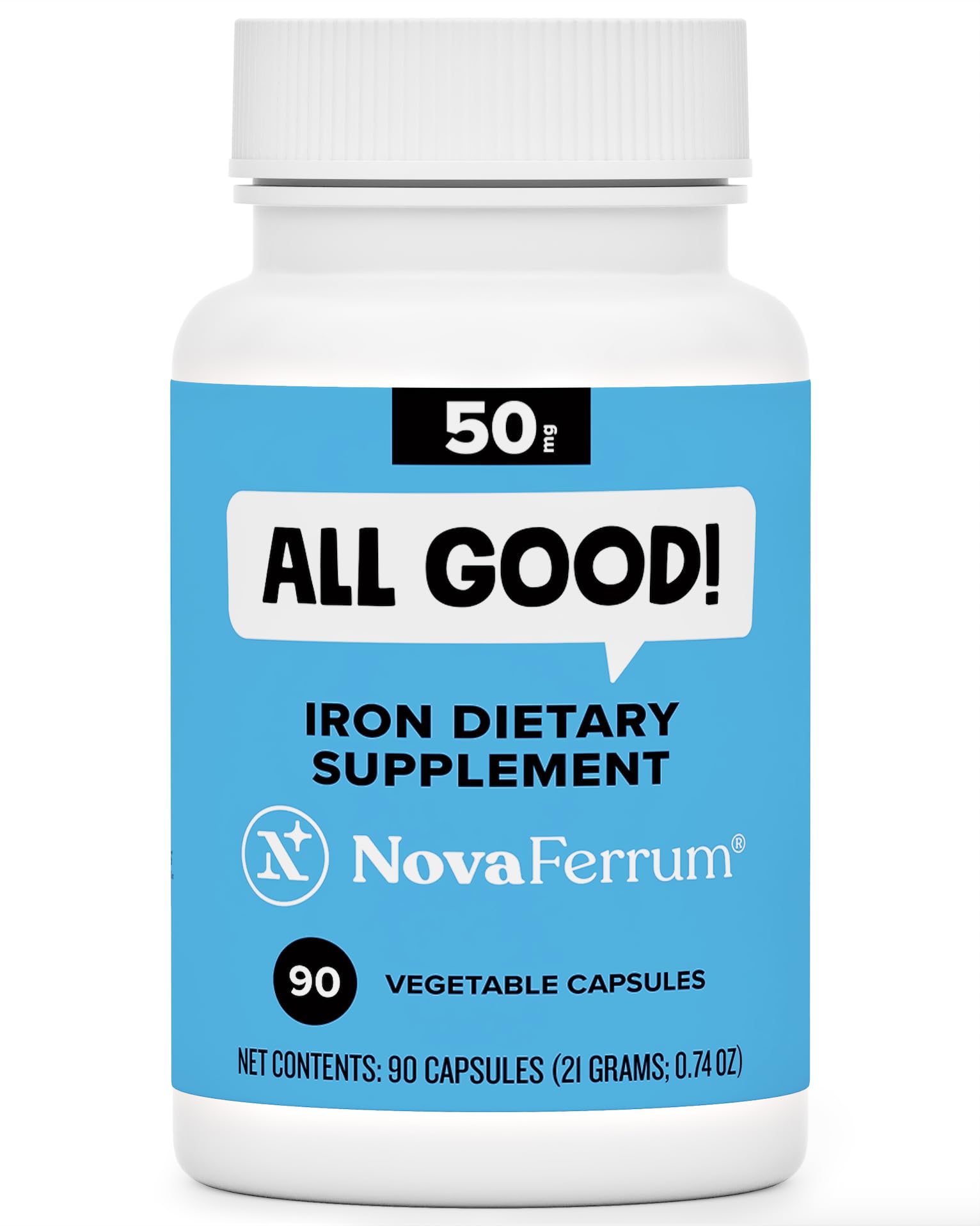 NovaFerrum All Good: botella con cápsulas de hierro de 50 mg para adultos