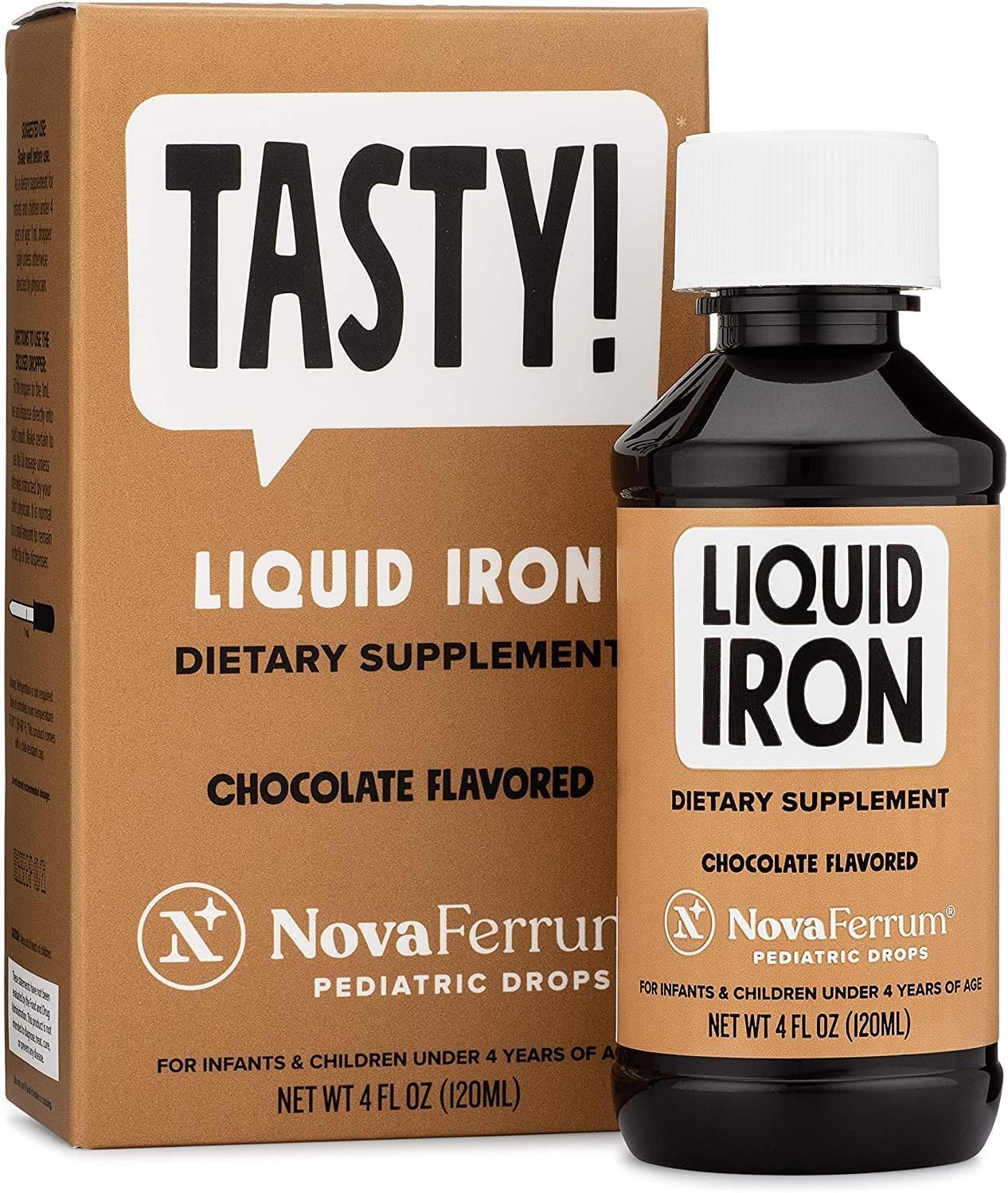NovaFerrum Tasty frasco sabor chocolate, fácil para que los niños tomen la dosis.
