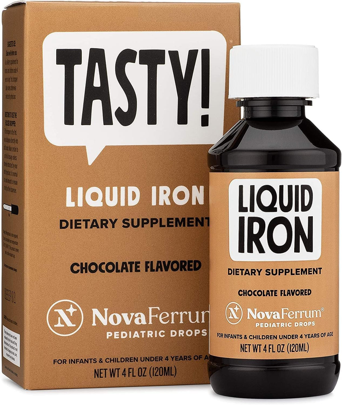 NovaFerrum Tasty frasco sabor chocolate, fácil para que los niños tomen la dosis.